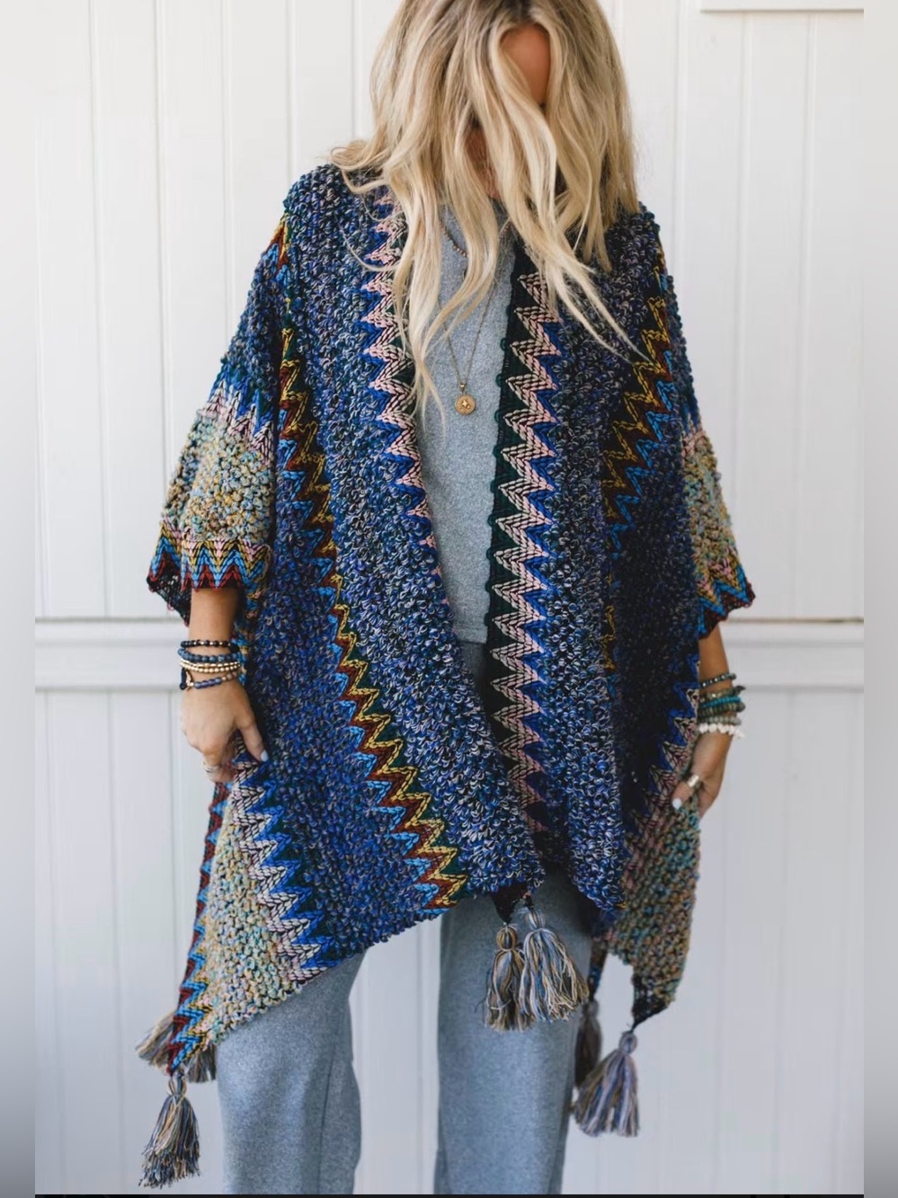 Boho Gypsy Crochet Knit Tassel Ruana Poncho Shawl Blue Multi Zig Zag Chevron  OS